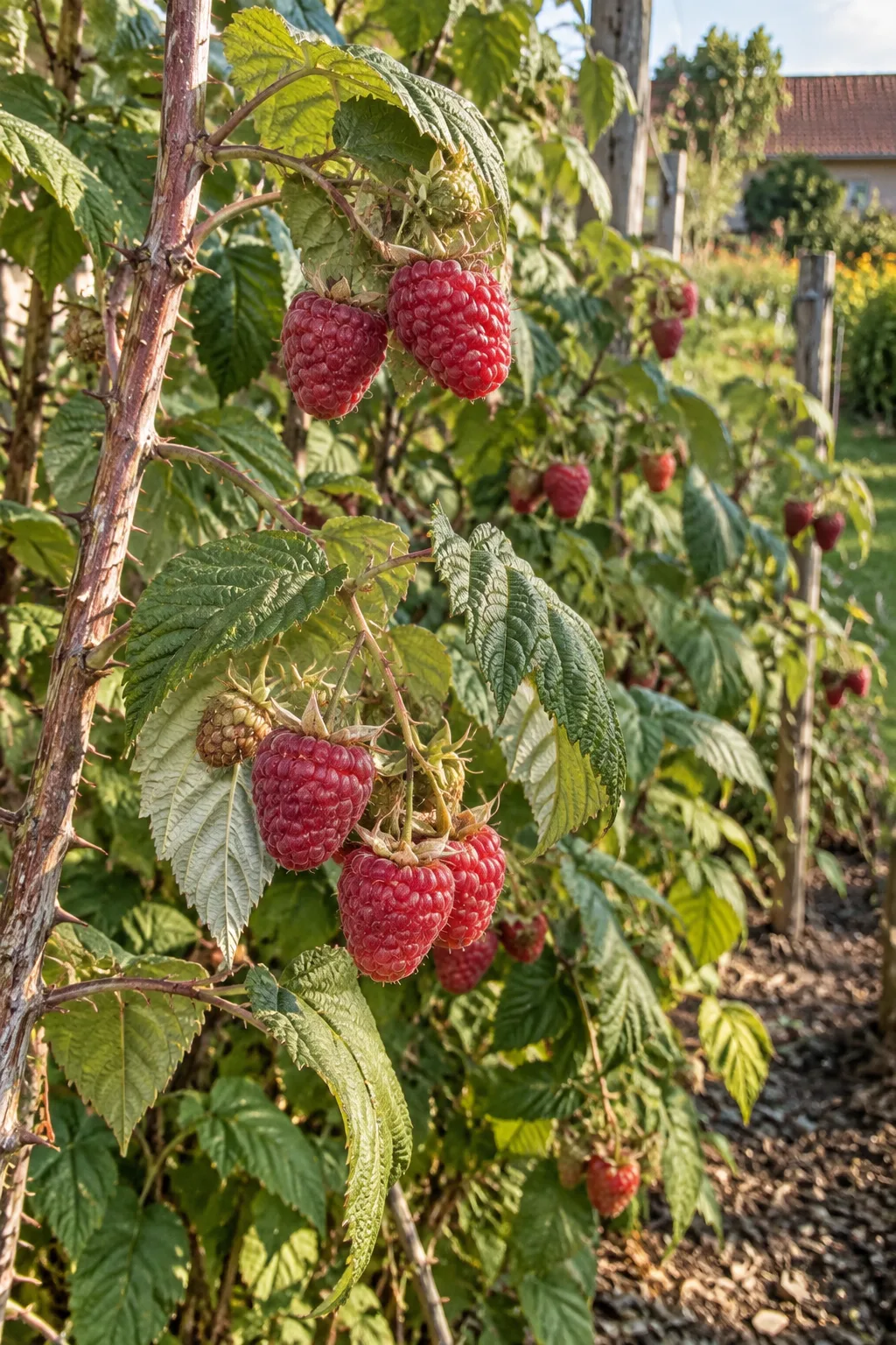 Himbeerreihe Ende Juli mit kräftigen, bestachelten Ruten und großen, breit kegelförmigen, mittelroten Himbeeren mit leichtem Reif