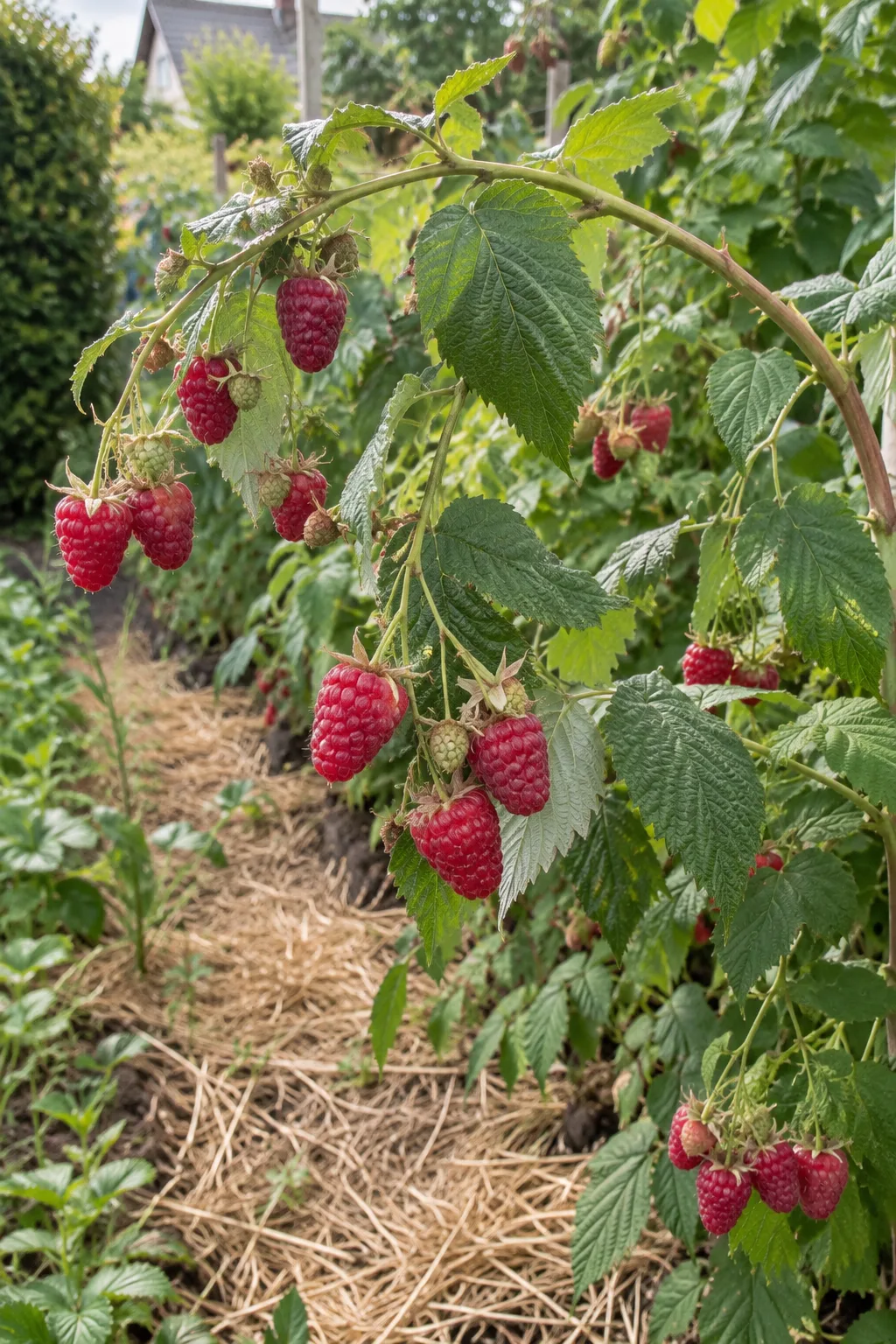 Überhängende Himbeerrute mit wenigen kleinen dunklen Stacheln, daran große, längliche, glänzend mittelrote Himbeeren im Juli