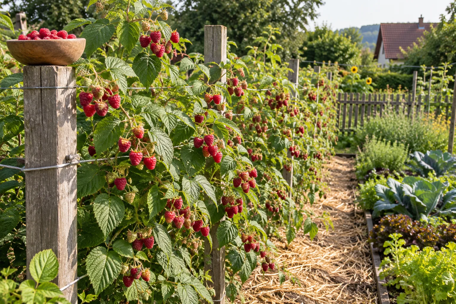 Reihe hoher Himbeerruten an einem Drahtspalier im Gemüsegarten, dicht behangen mit großen, reifen roten Himbeeren im Juli
