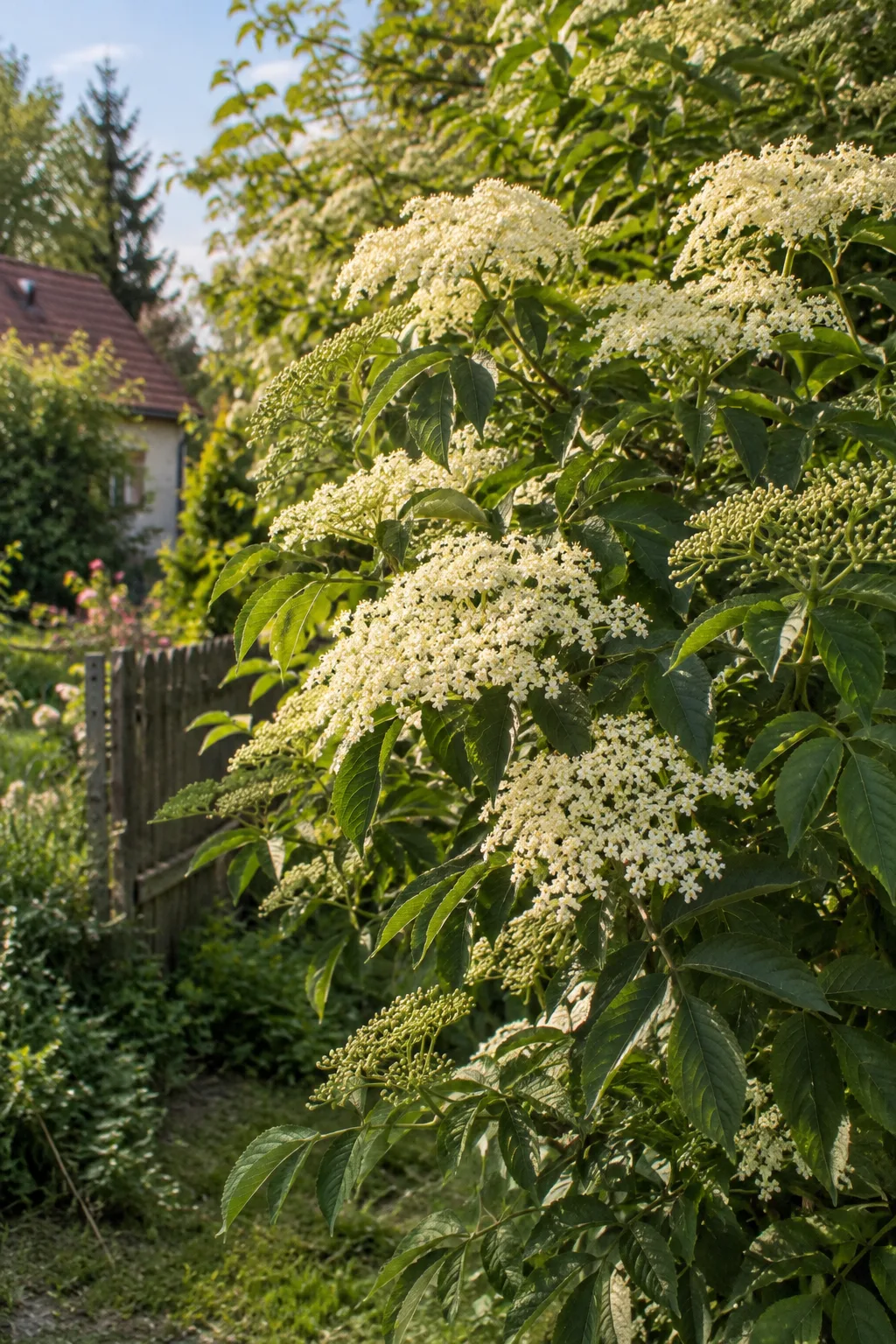 Holunderstrauch am Gartenrand mit vielen großen, flachen, cremeweißen Blütendolden zwischen gefiederten Blättern