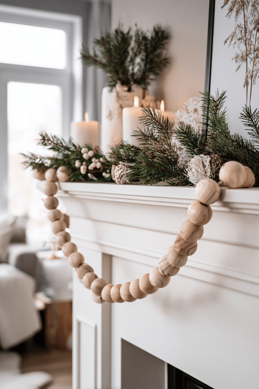 Weihnachtliche Holz-Girlande mit Tannenzweigen und Kerzen auf einem weißen Kaminsims