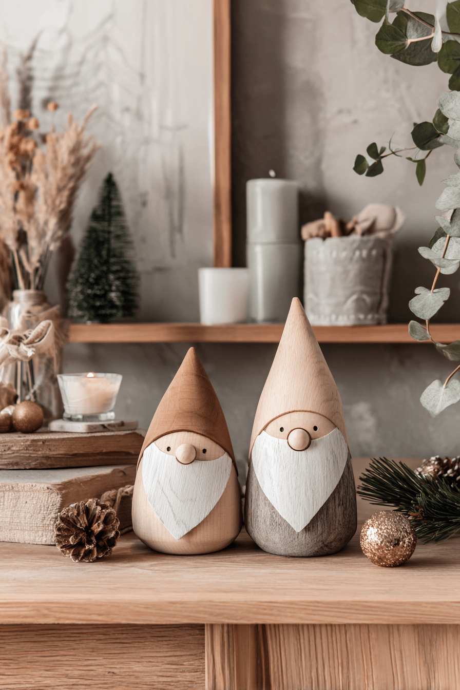 Zwei dekorative Weihnachtsmänner aus Holz mit weißen Bärten auf einem Tisch im festlich geschmückten Raum.