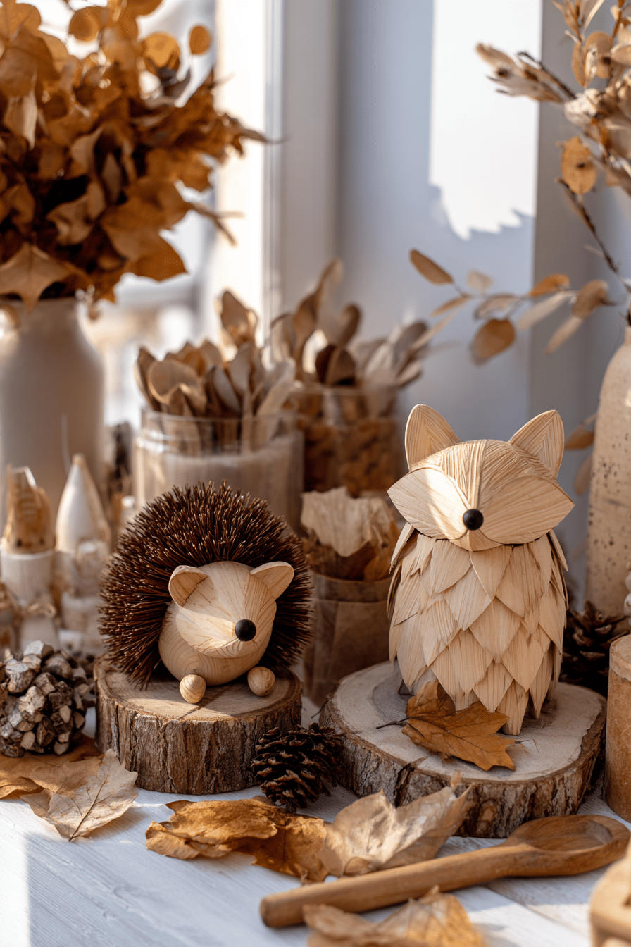 Holz-Deko mit geschnitzten Igel- und Fuchsfiguren umgeben von herbstlichen Elementen.