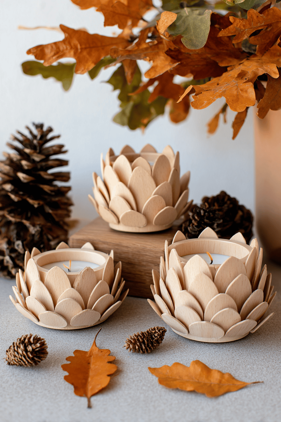 Holzkerzenhalter mit herbstlichen Blattformen, umgeben von Herbstlaub und Tannenzapfen.