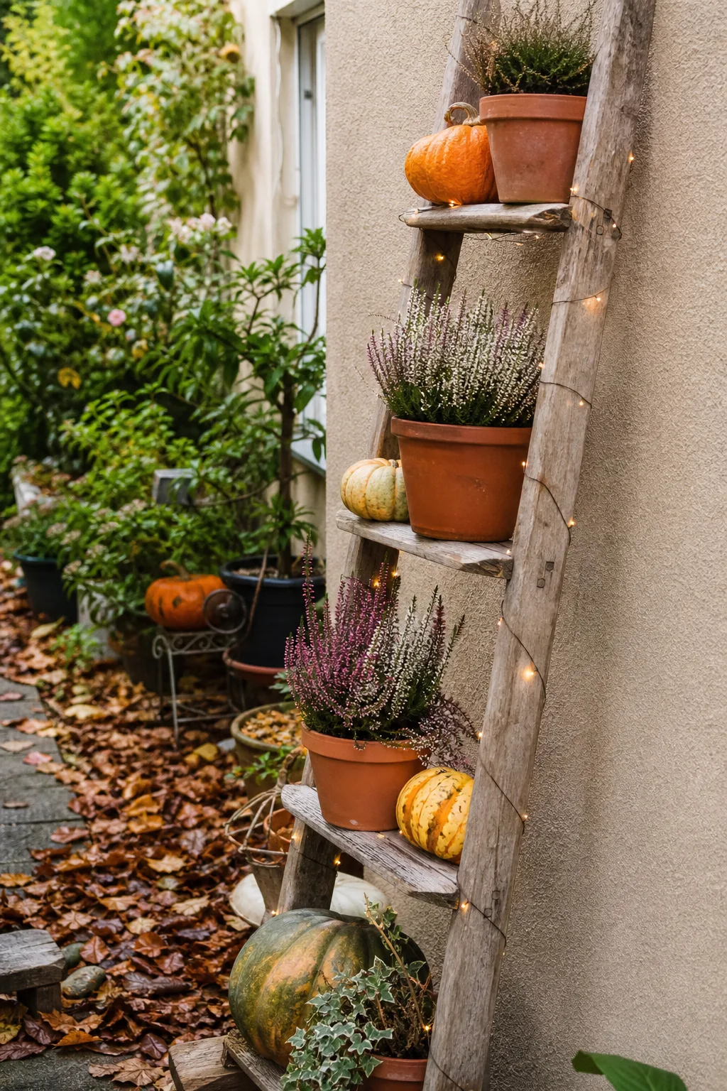 Alte Holzleiter an einer Wand, auf den Sprossen Terracottatöpfe mit Kürbissen und Herbstlaub, dazu eine Lichterkette