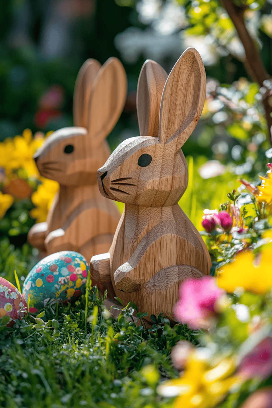 Zwei Holzosterhasen im Garten mit bunten Blumen und Ostereiern.