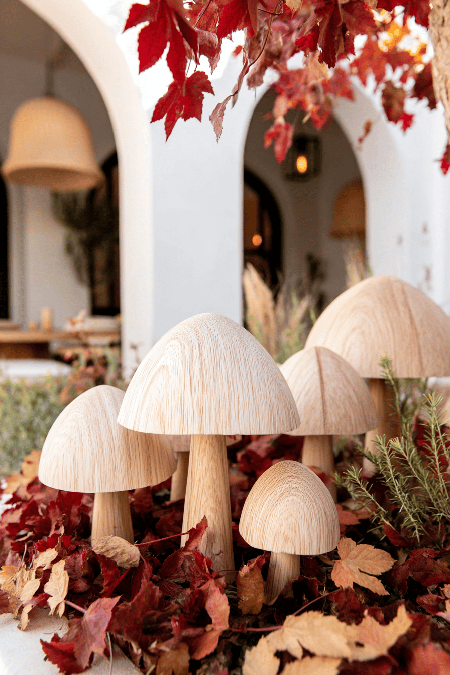 Holzpilze umgeben von Herbstlaub unter einem Bogen.