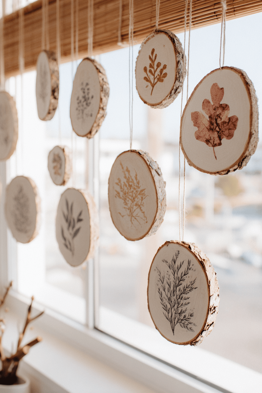 Holzscheiben mit Herbstmotiven bemalt und am Fenster aufgehängt.
