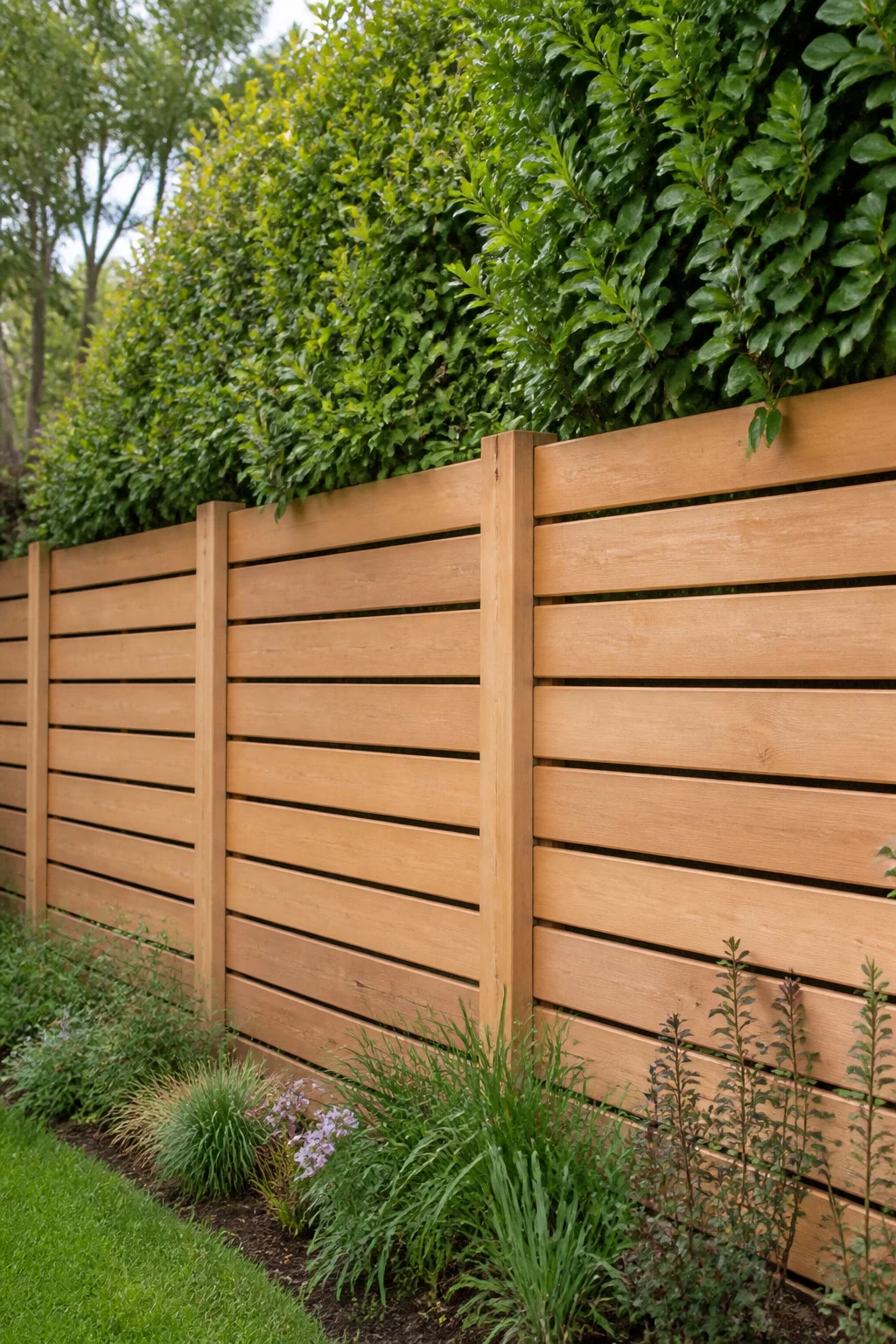 Holzsichtschutz mit hoher Blätterhecke im Garten