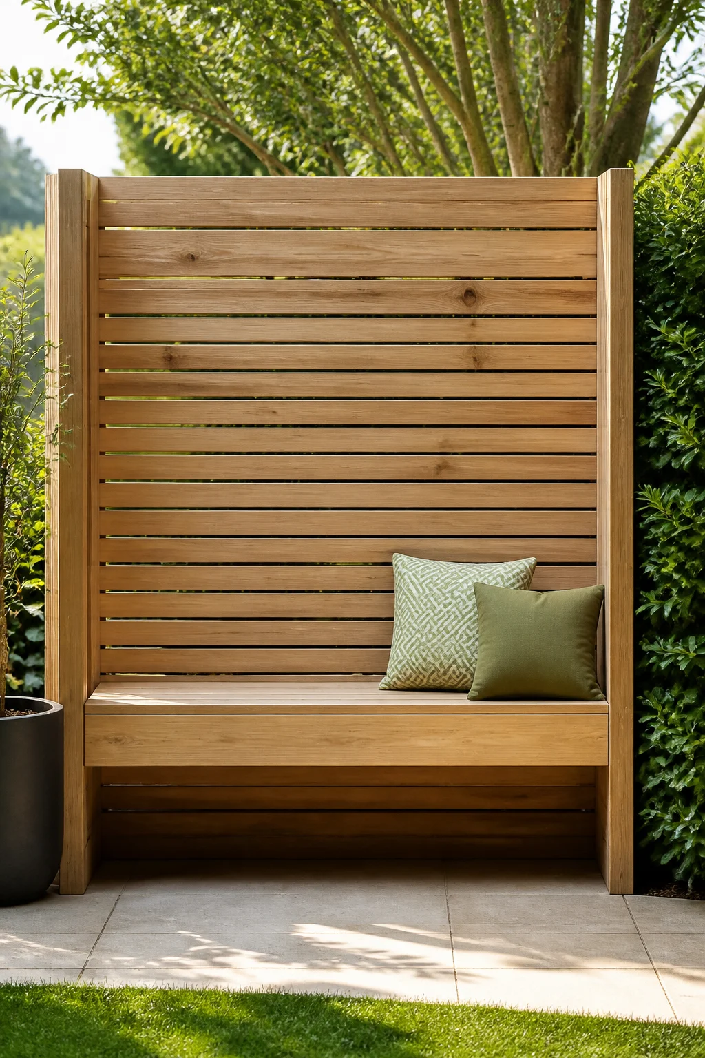 Holz Sichtschutzwand mit Sitzbank im Garten