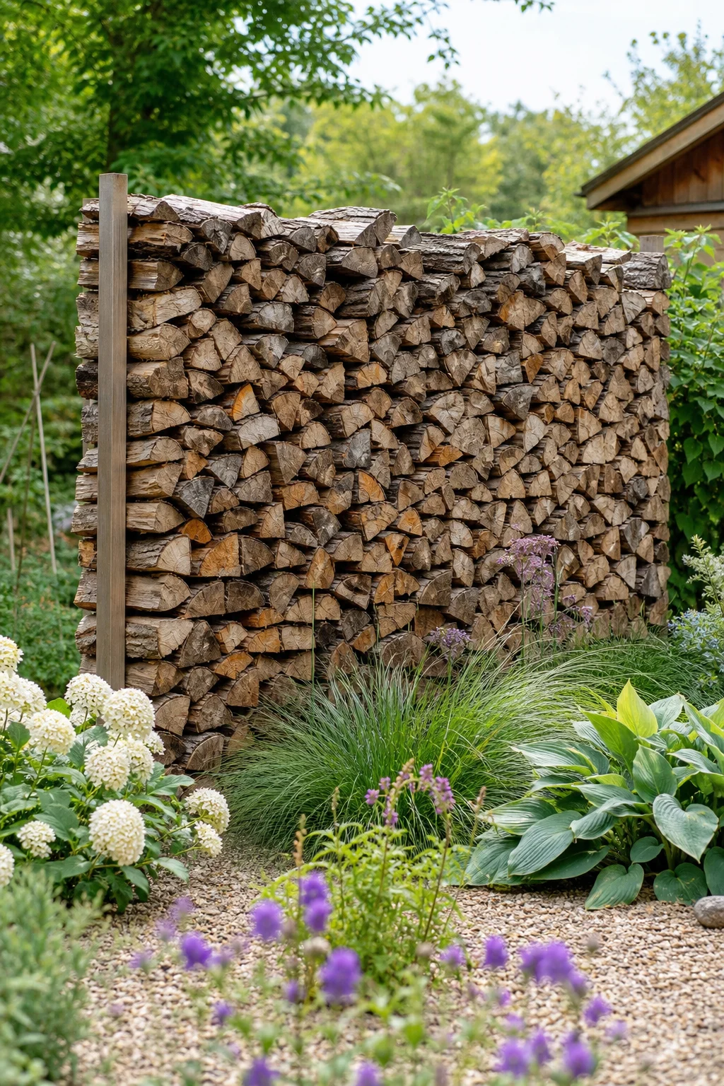 Holzstapel als rustikaler Sichtschutz im Garten