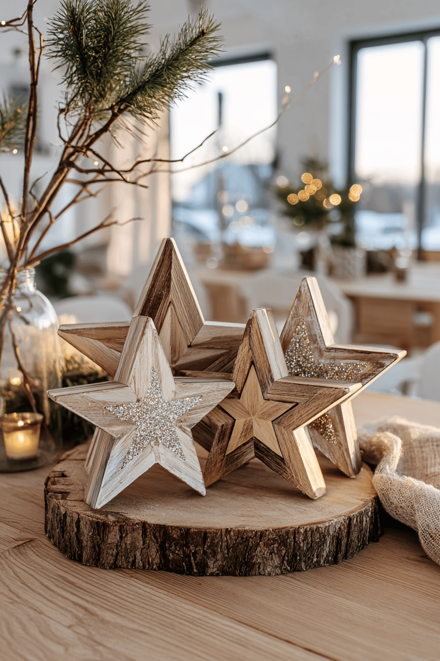 Drei Holzsterne mit Glitzer auf einer Holzscheibe dekoriert