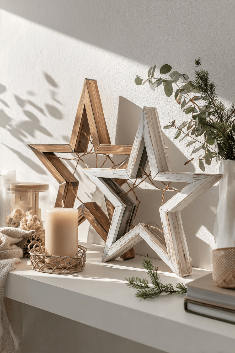 Zwei dekorative Holzsterne auf heller Ablage neben Kerze und Tannenzweig