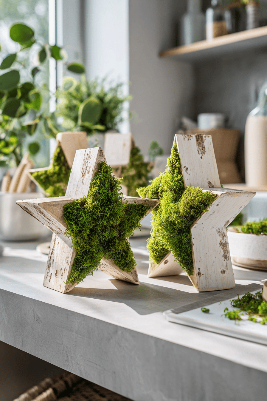 Dekorative Holzsterne mit grüner Moosfüllung auf einem Tisch