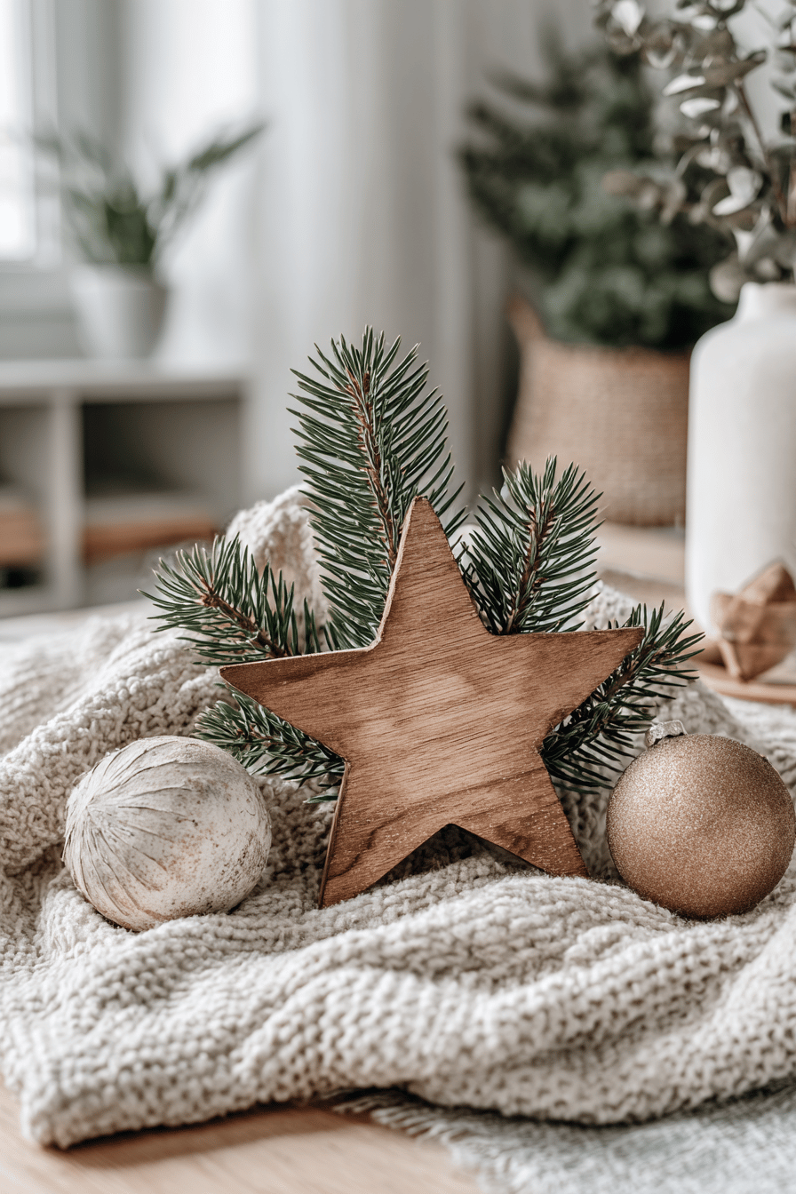 Ein Holzstern mit Tannenzweigen auf einer Strickdecke, daneben Kugeln