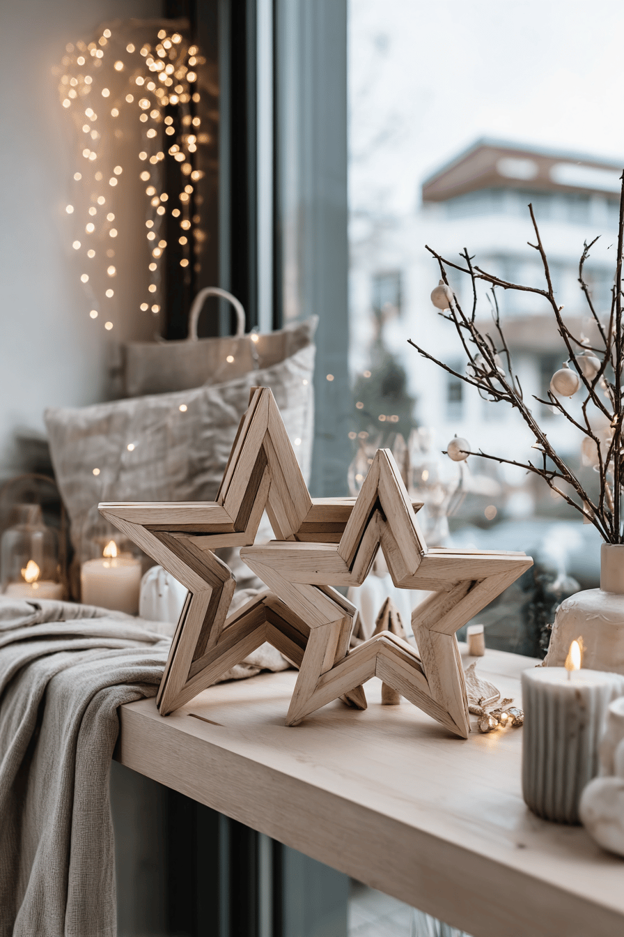 Zwei ineinandergesteckte Holzsterne als Weihnachtsdekoration auf einer Fensterbank mit Kerzen und Lichterkette