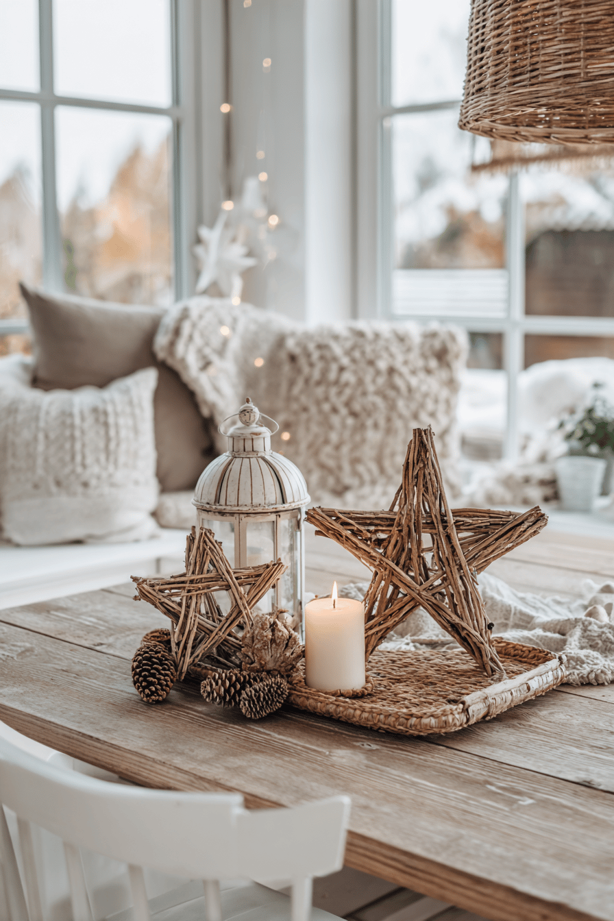 Rustikale Weihnachtsdeko mit Holzsternen, Kerze und Laterne auf einem Holztisch vor gemütlichem Fensterplatz