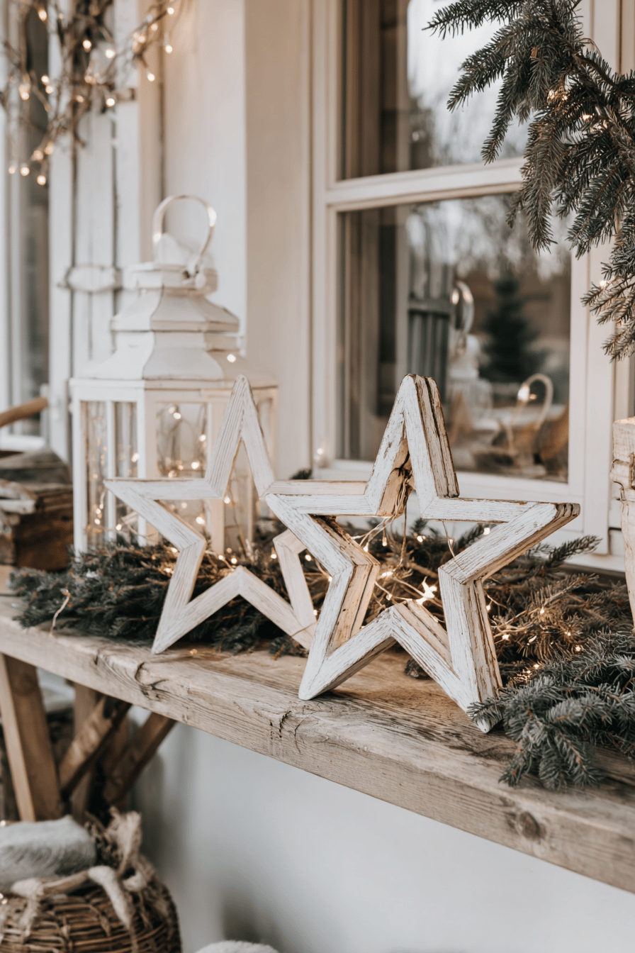 Zwei weiße Holzsterne auf rustikalem Holztisch mit Lichterkette und Tannenzweigen als weihnachtliche Deko