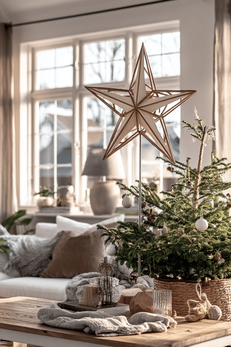 Ein filigraner Holzstern als Spitze auf einem kleinen Weihnachtsbaum im gemütlich dekorierten Wohnzimmer.