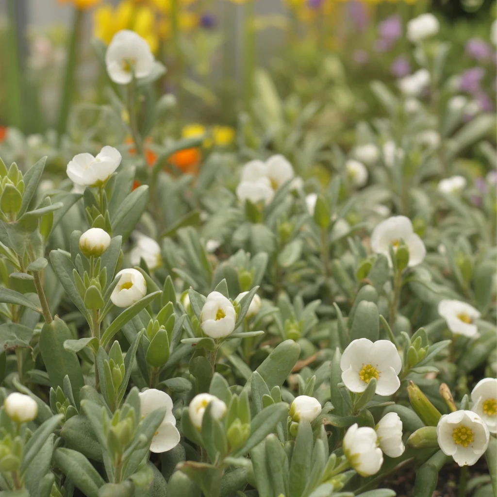 Weiße Blüten des Filzigen Hornkrauts über silbrigem Laub