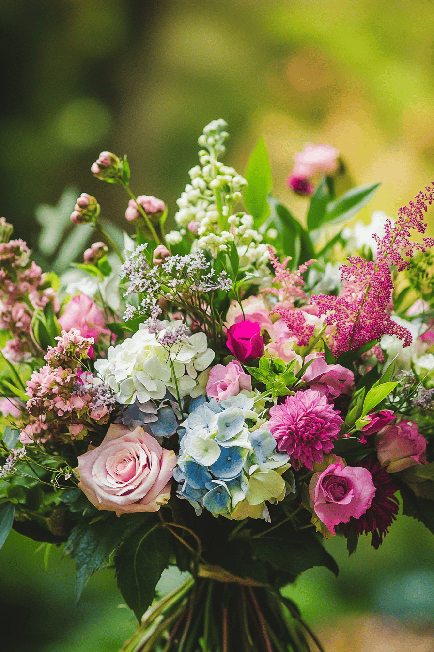 Ein bunter Blumenstrauß mit Hortensien, Rosen und anderen Wildblumen vor unscharfem Hintergrund.