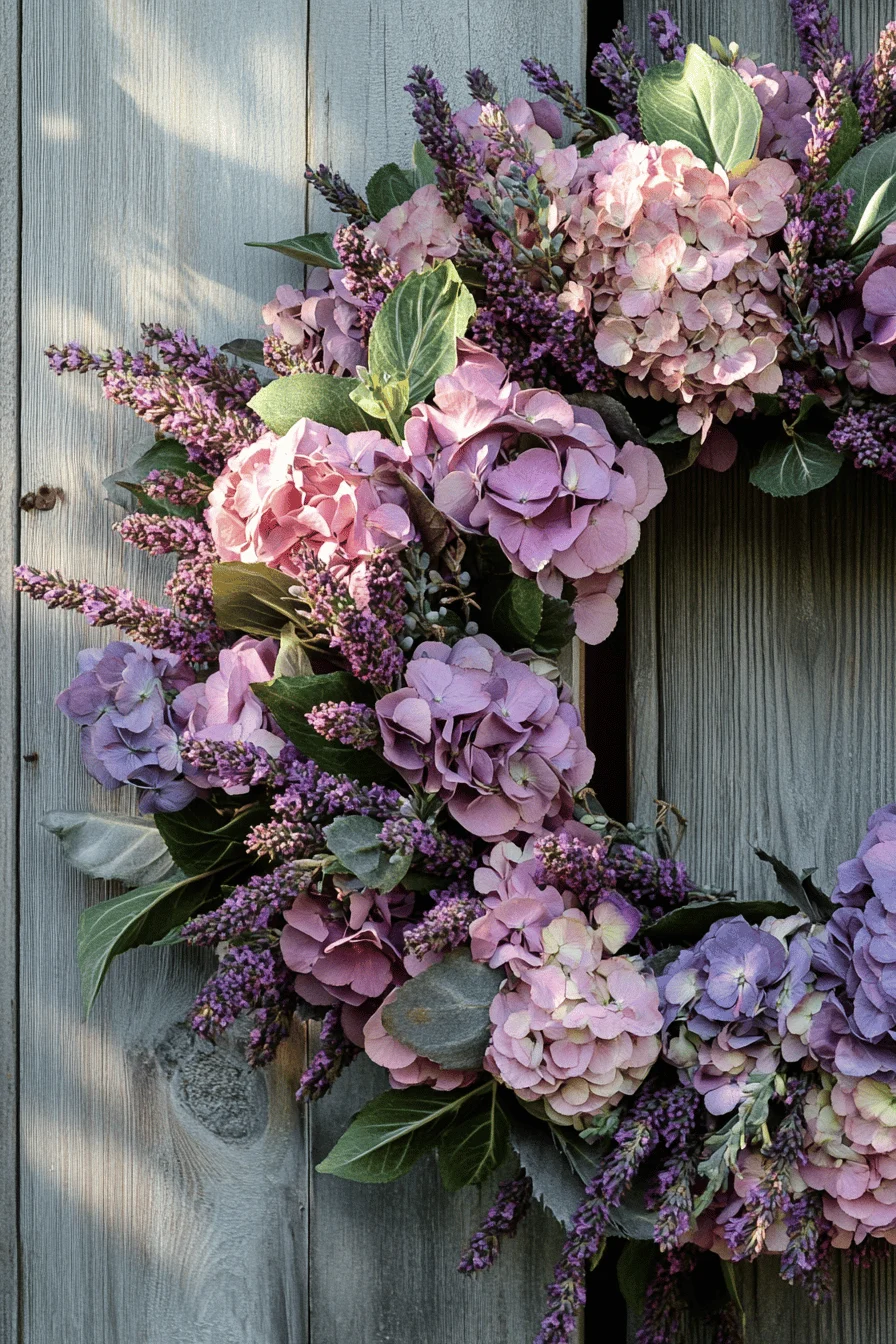 Ein blumiger Kranz aus rosa und lila Hortensien, ergänzt durch Lavendel und Blätter.