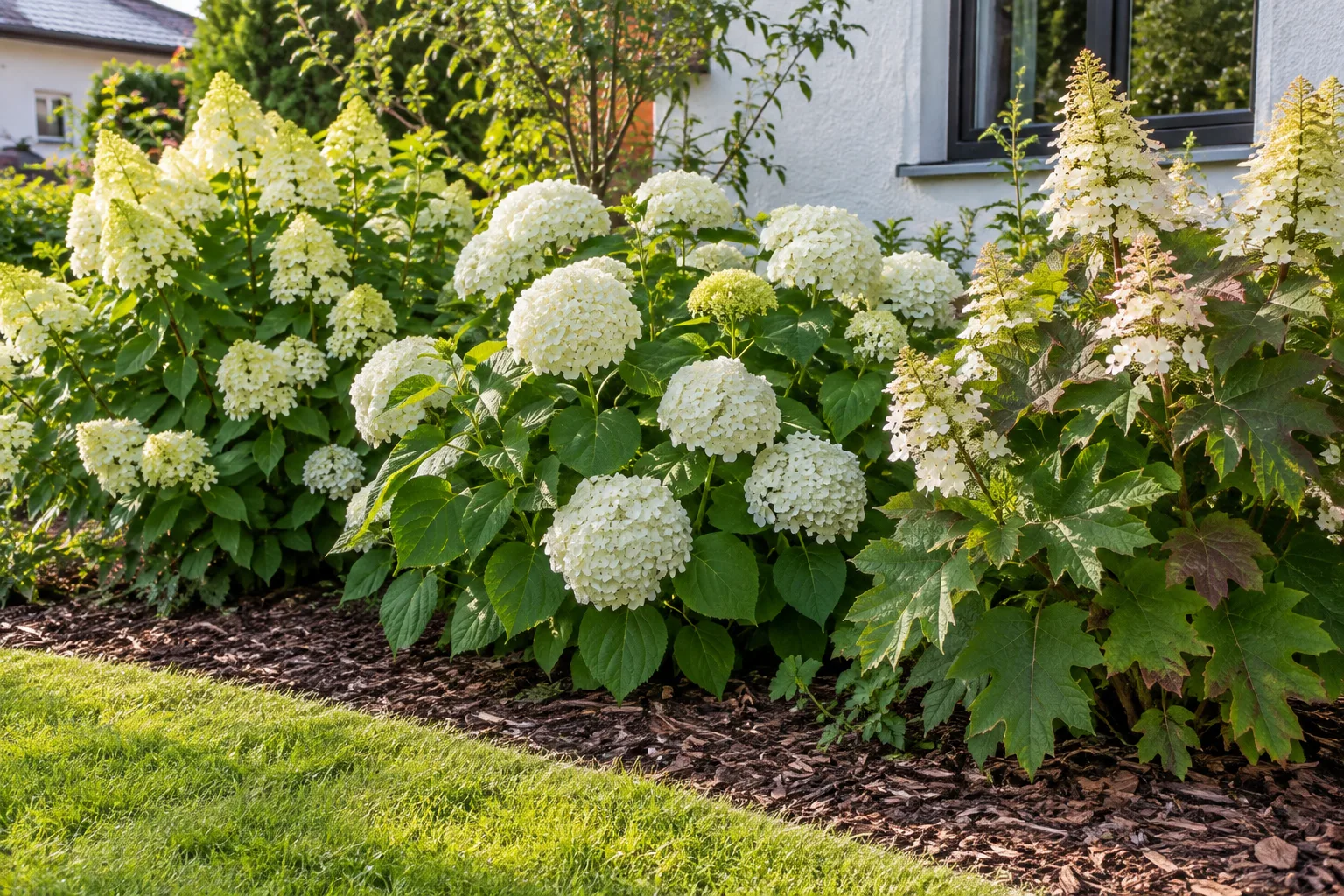Sonniges Gartenbeet im Hochsommer mit einer Rispenhortensie mit kegelförmigen weißen Rispen, einer Schneeballhortensie mit runden weißen Blütenbällen und einer Eichenblatt-Hortensie, der Boden mit Rindenmulch bedeckt