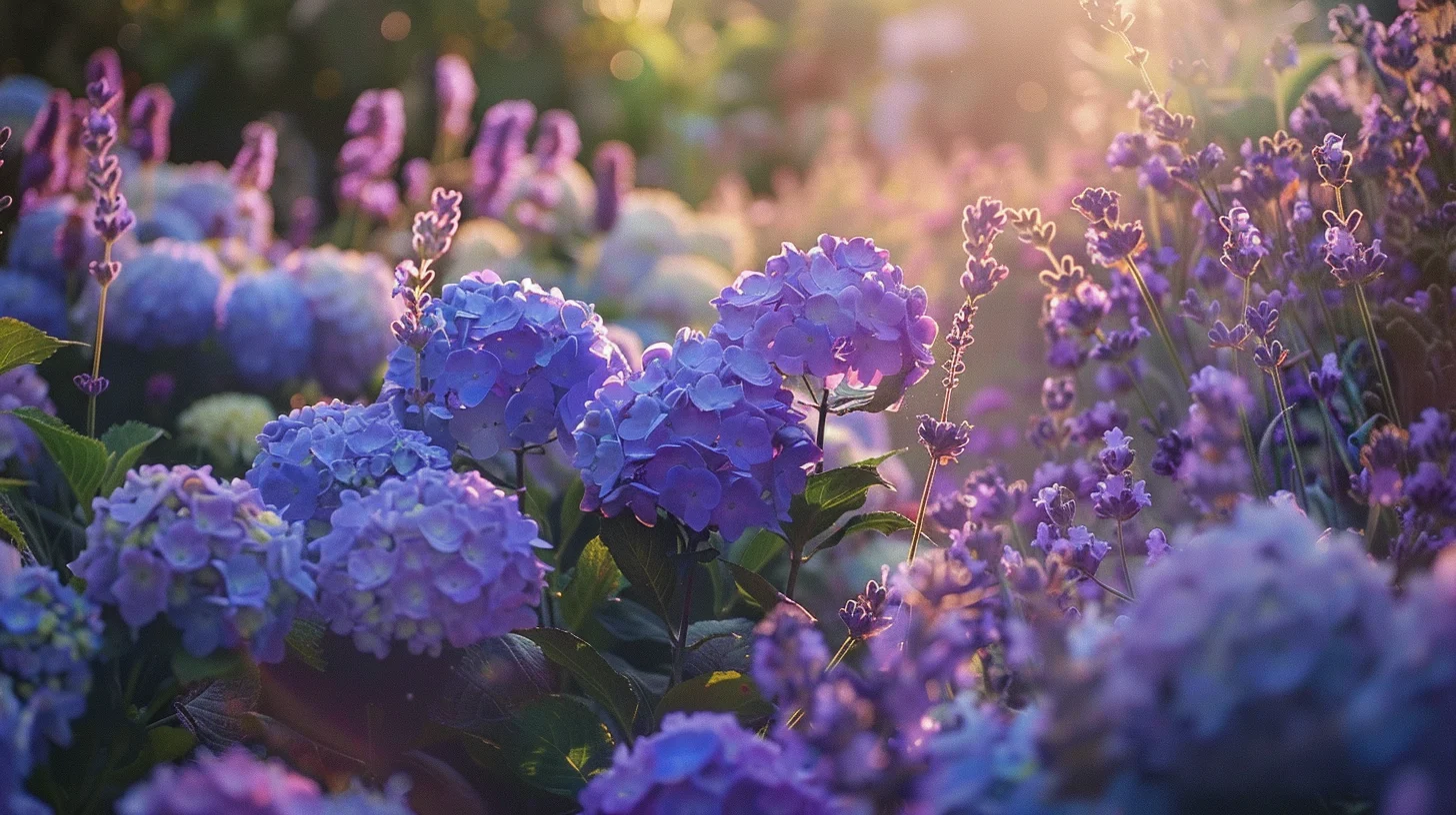 Blühende Hortensien und Lavendel im Sonnenunterganglicht.