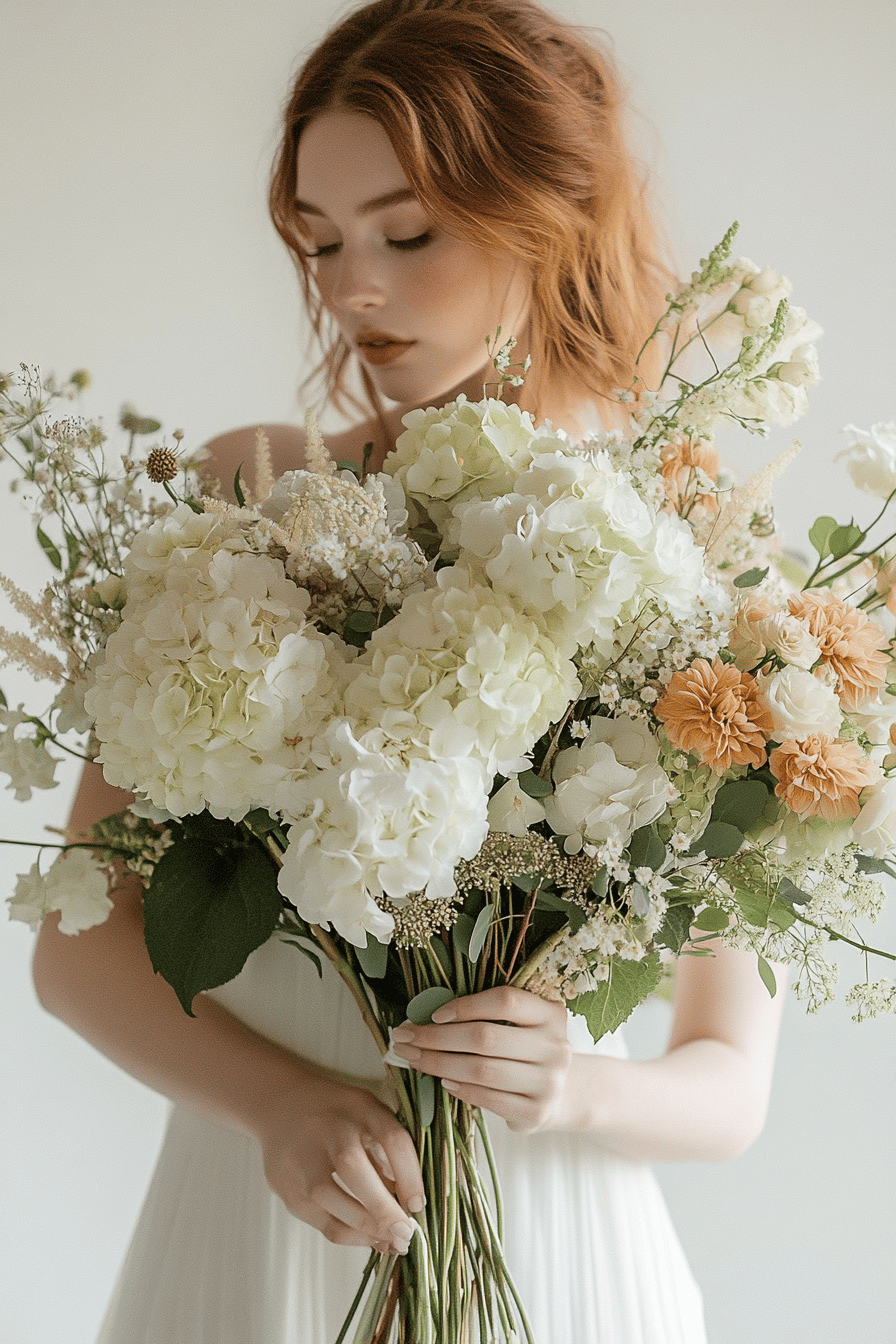 Braut hält einen großen Strauß mit weißen Hortensien und zarten Blumen in Erdtönen.