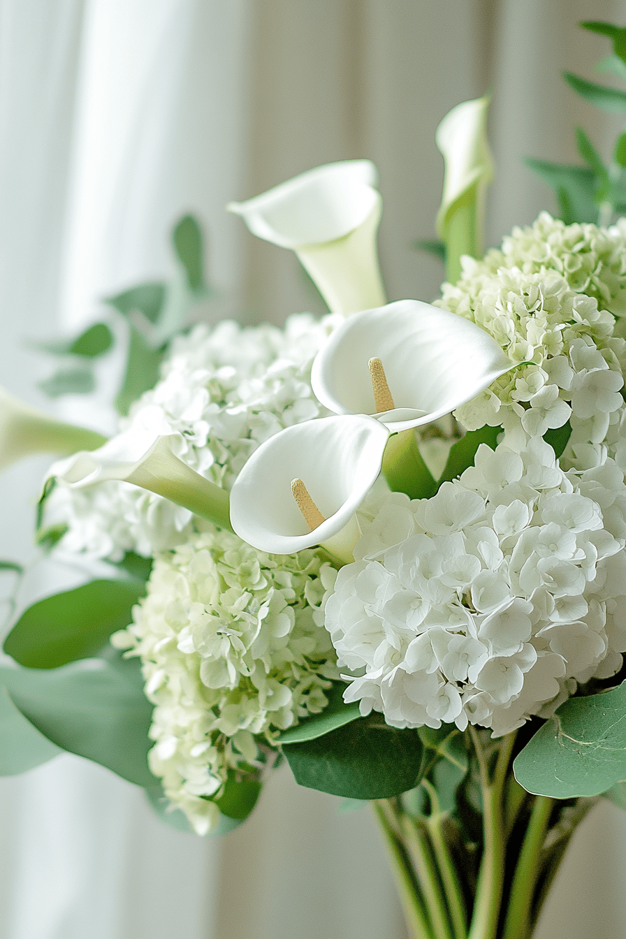 Ein eleganter Brautstrauß mit weißen Hortensien und Calla-Lilien.