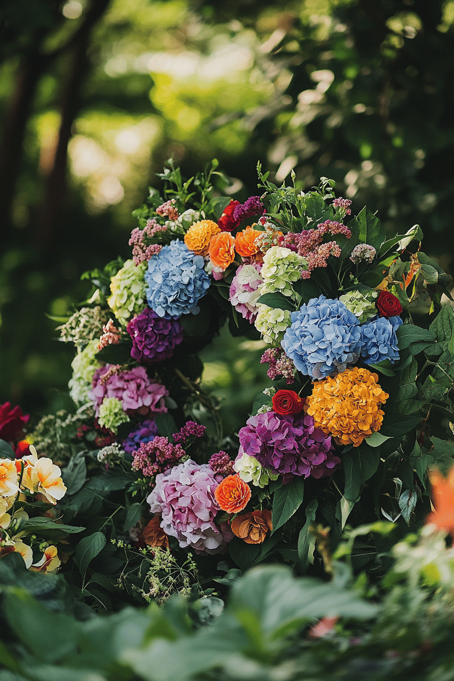 Bunter Kranz aus Hortensien und Chrysanthemen in einem Garten.