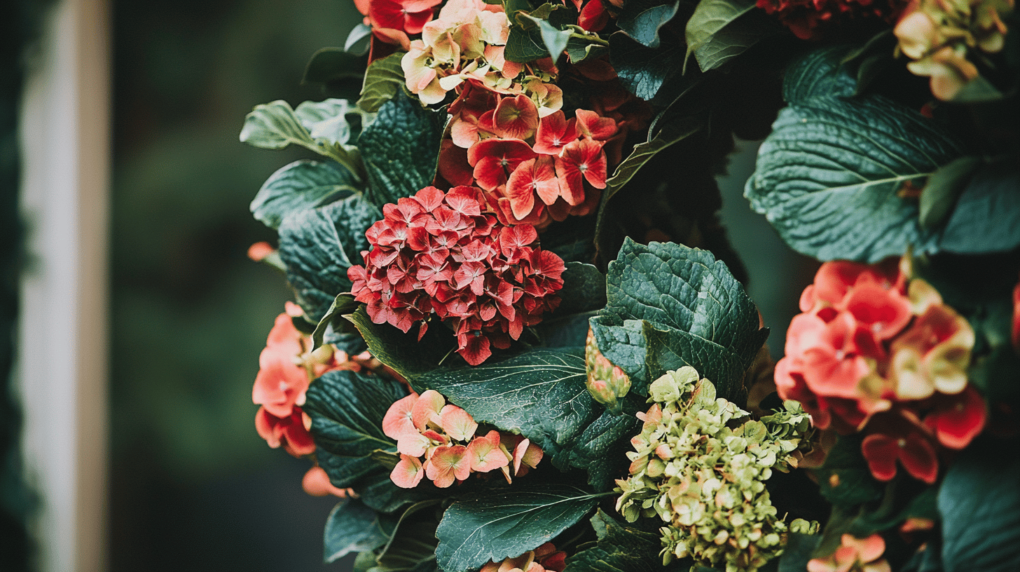 Bunte Hortensienblüten mit grünen Blättern