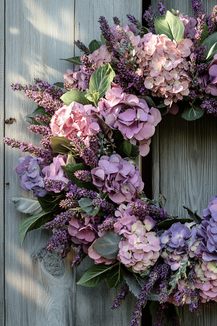 Ein blumiger Kranz aus rosa und lila Hortensien, ergänzt durch Lavendel und Blätter.