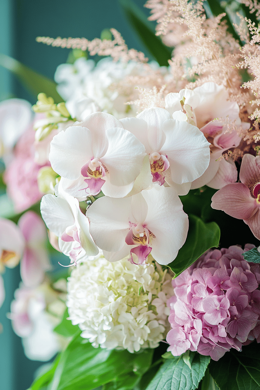 Nahaufnahme eines Brautstraußes mit weißen Orchideen und rosa Hortensien.