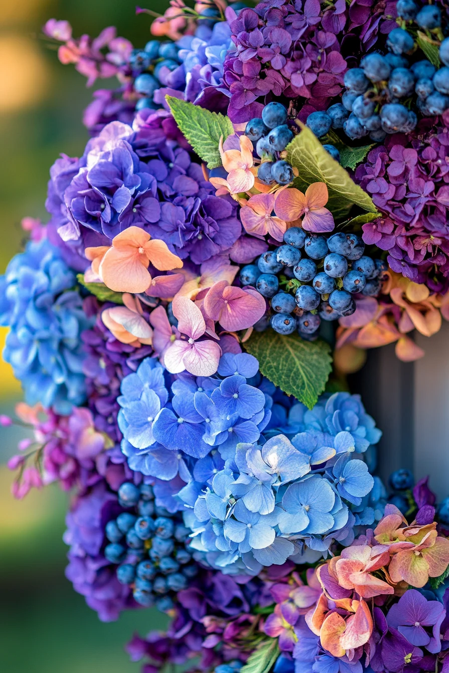 Ein farbenfroher Hortensienkranz mit blauen und violetten Blüten, gemischt mit Blaubeerzweigen.