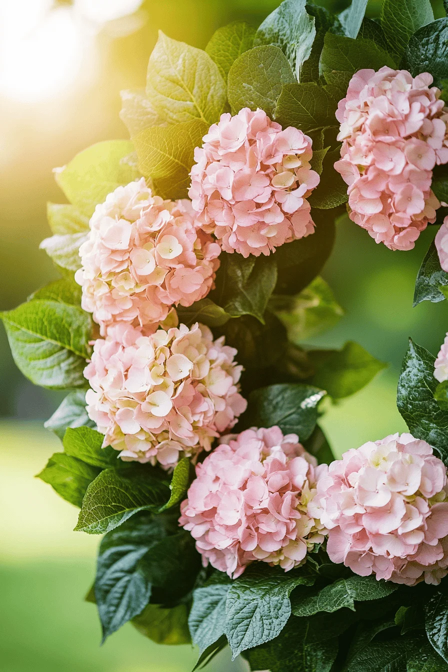 Ein Hortensienkranz mit rosa Blüten und grünen Blättern, im Sonnenlicht leuchtend.