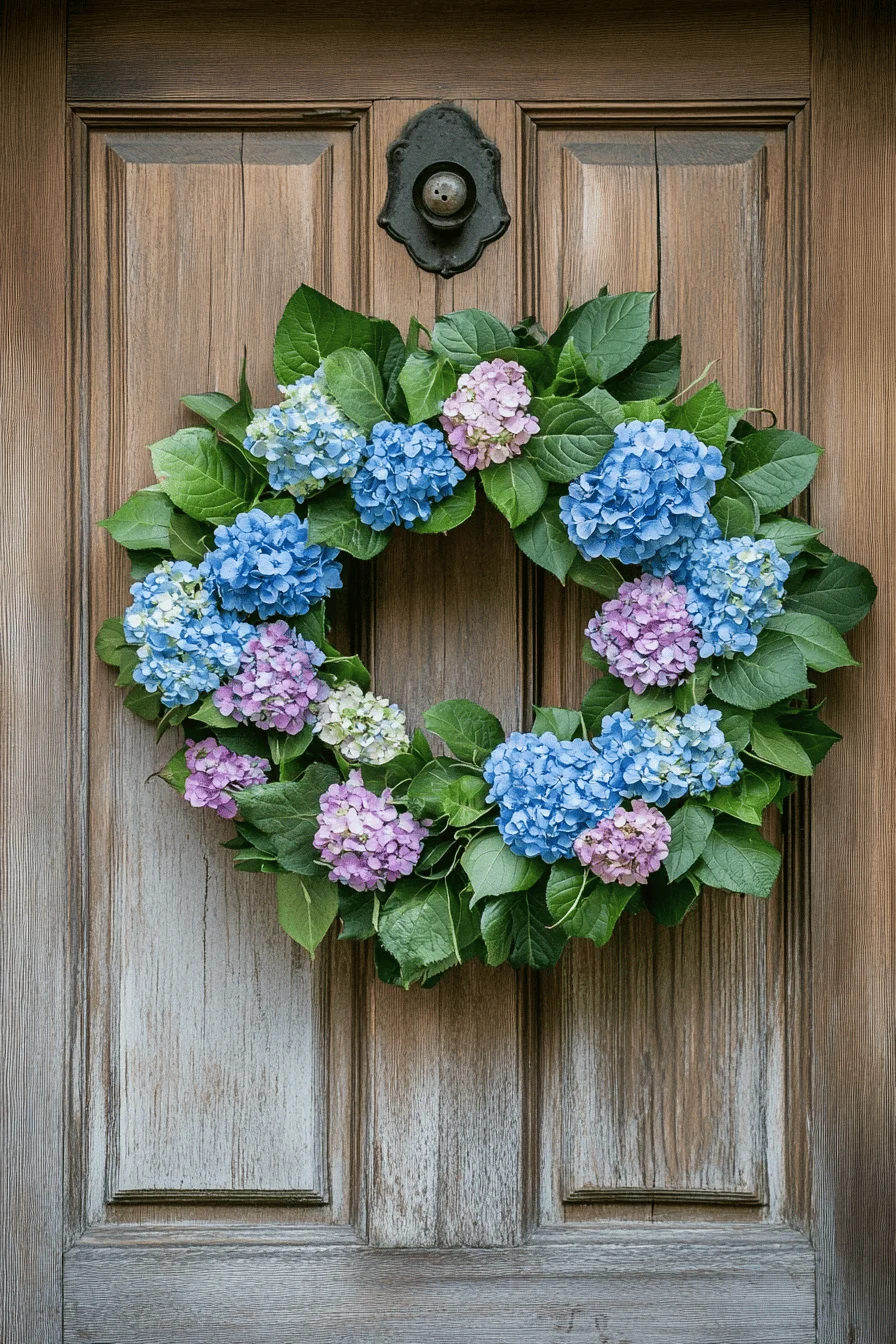 Ein üppiger Kranz aus blauen und violetten Hortensienblüten an einer Holztür.