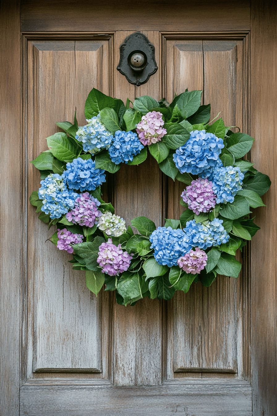 Ein üppiger Kranz aus blauen und violetten Hortensienblüten an einer Holztür.