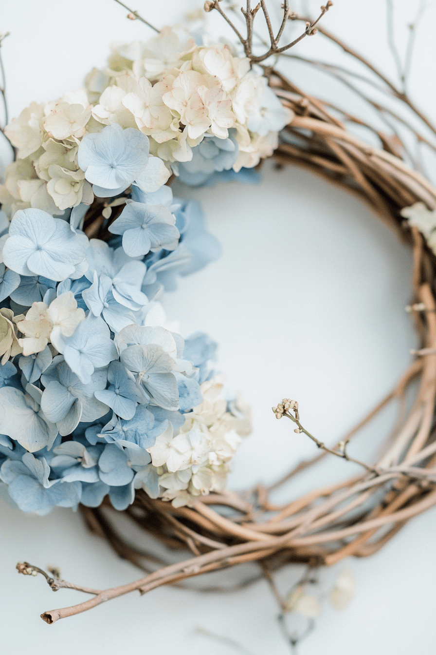 Ein minimalistischer Kranz aus Zweigen mit blauen und weißen Hortensienblüten.
