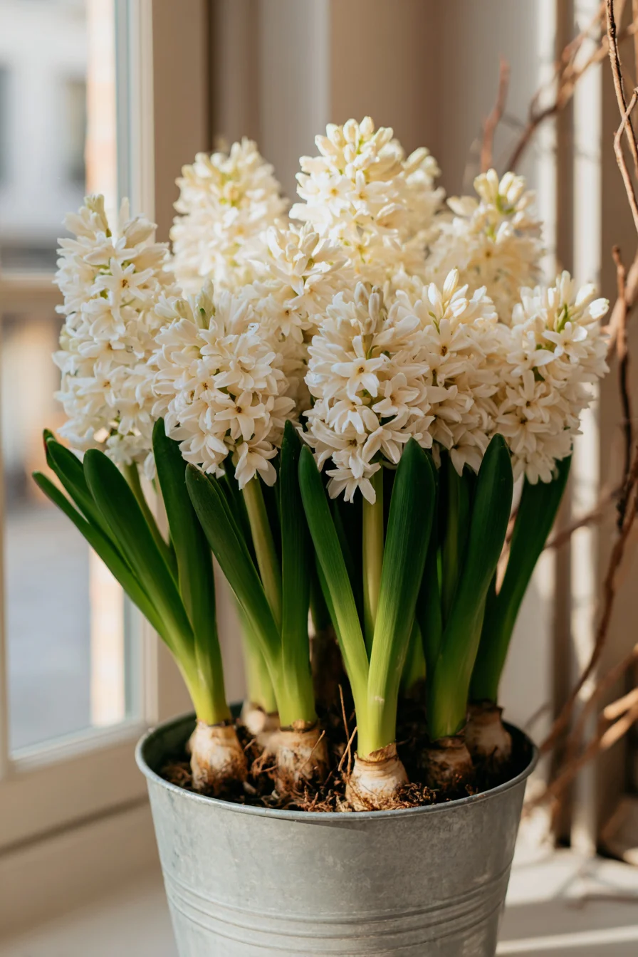 Hyazinthen mit Zweigen im Zinkeimer als Frühlingsdeko