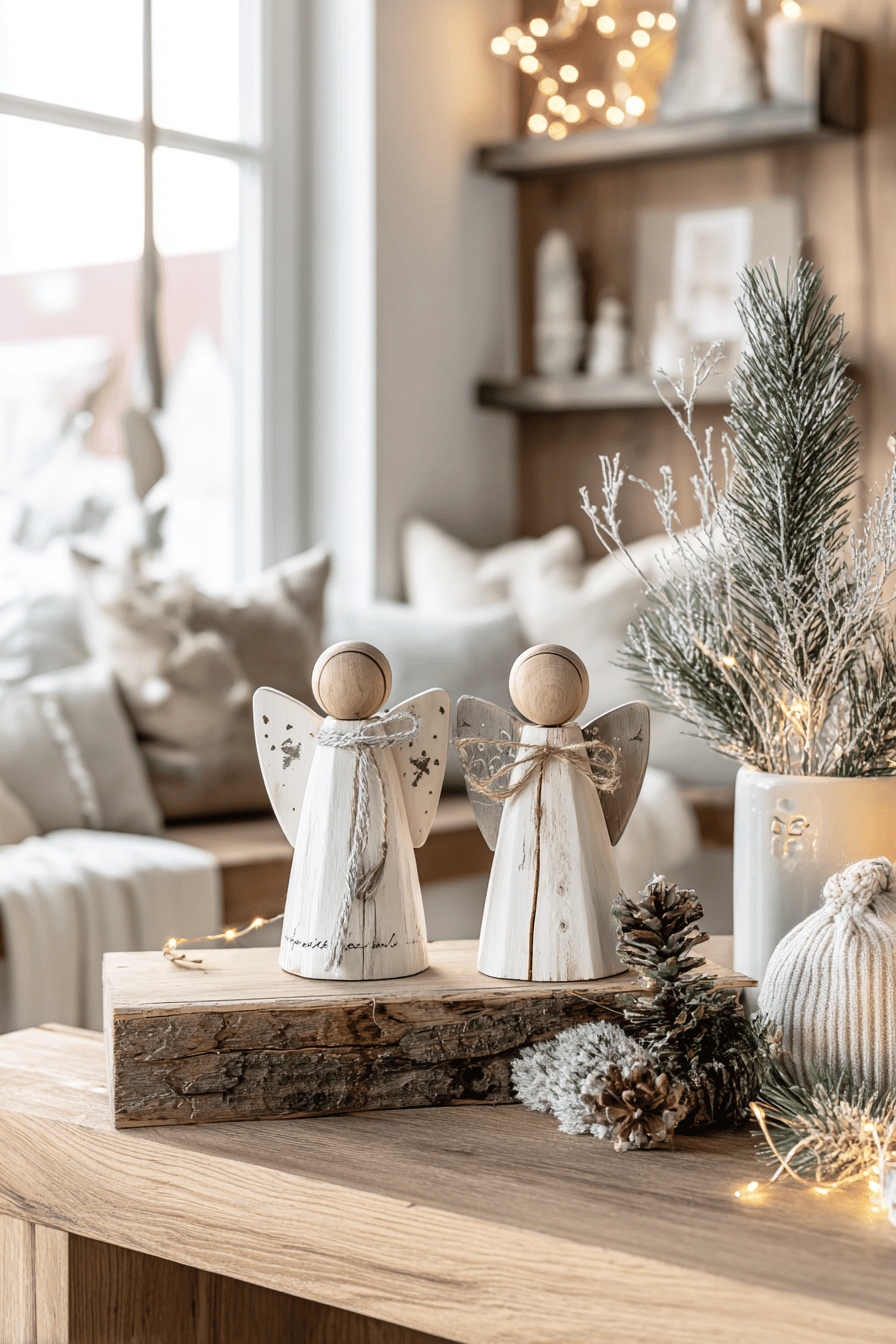 Zwei handgemachte Holzengel mit Schleifen und dekorativen Flügeln auf einem Holztisch vor winterlicher Kulisse