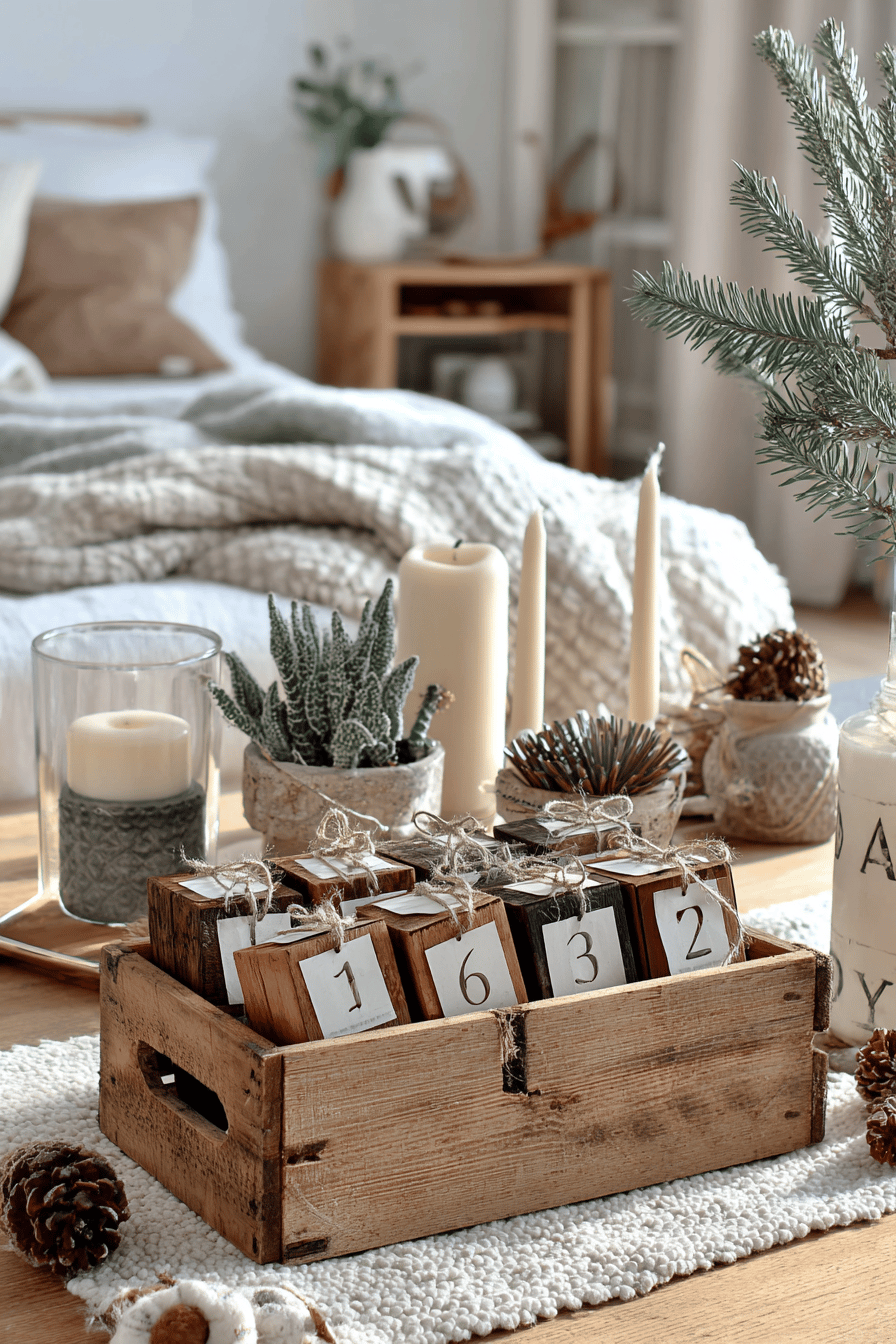 Selbstgemachter Adventskalender mit nummerierten Holzklötzen in einer rustikalen Holzkiste, umgeben von Kerzen und Naturdeko