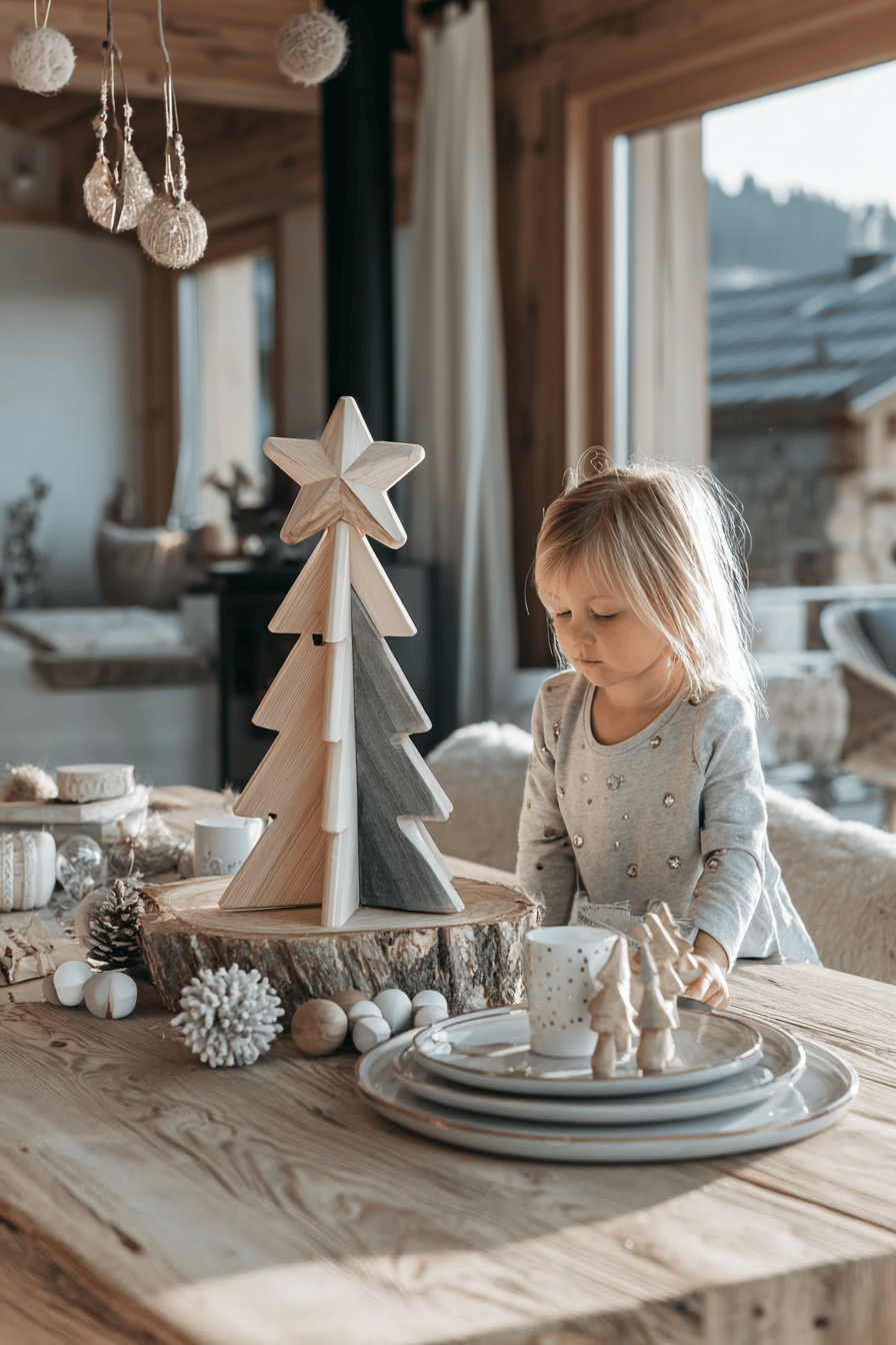Kleines Mädchen bestaunt dekorativen Holz-Weihnachtsbaum auf rustikalem Tisch