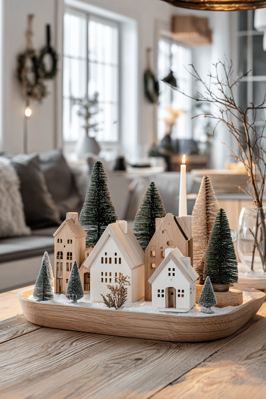 Kleines weihnachtliches Holz-Dorf mit Häuschen und Tannenbäumen auf Tablett dekoriert