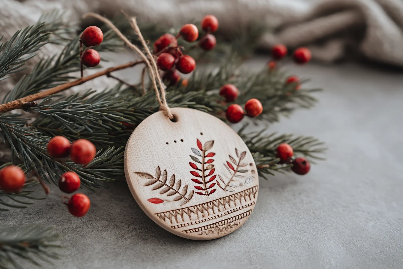 Handgefertigter Weihnachtsschmuck auf Tannenzweigen
