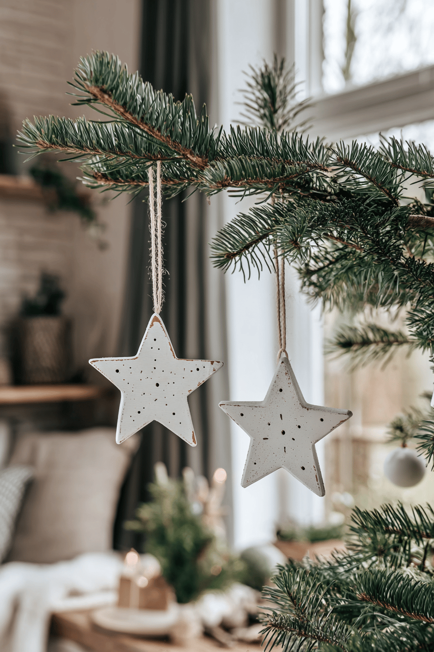 Zwei weiße Holzsterne hängen an einem Zweig eines dekorierten Weihnachtsbaums.