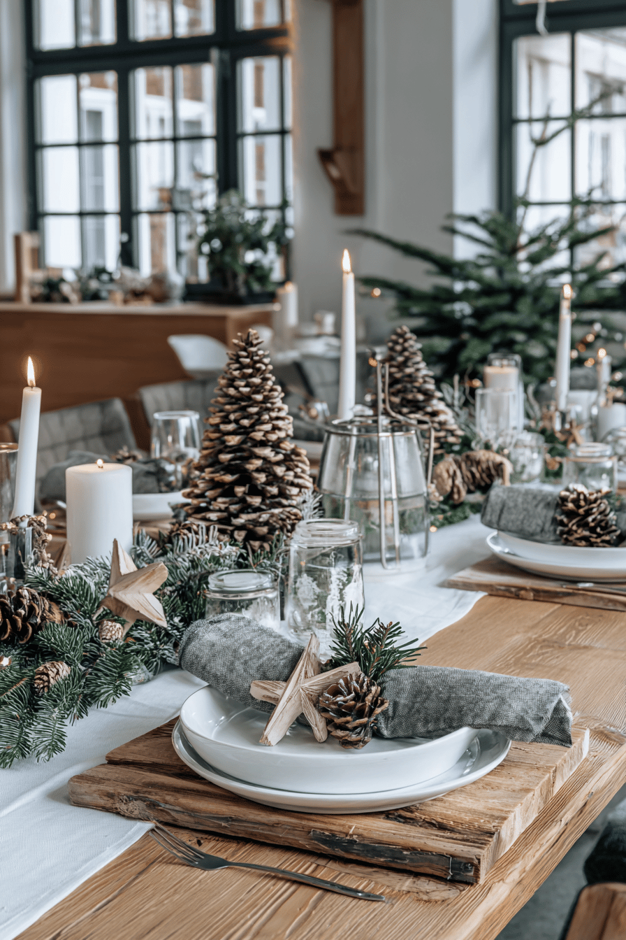 Festlich gedeckter Tisch mit Holztannenbäumen, Kerzen, Tannenzweigen und Holzsternen zur Weihnachtszeit
