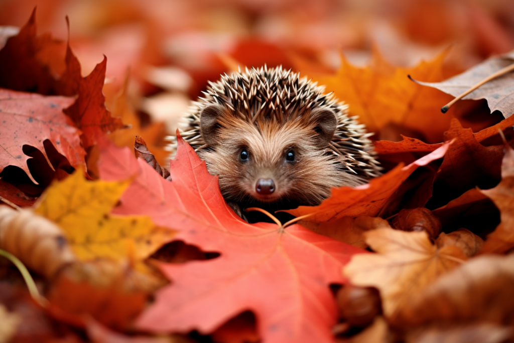 Igel zwischen Herbstlaub.
