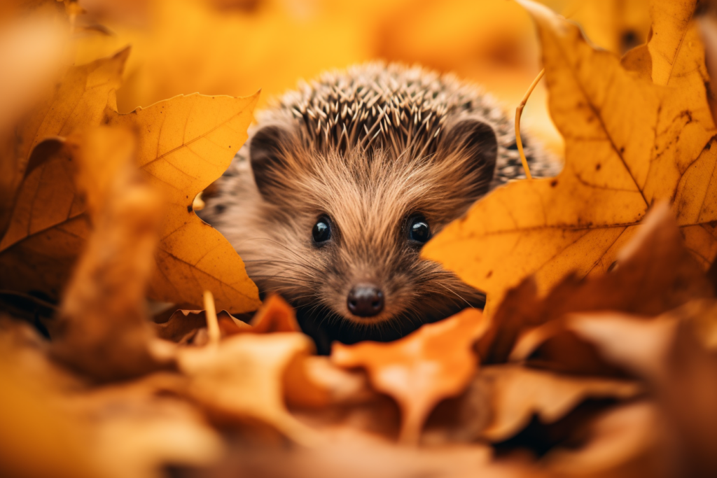Igel zwischen herbstlichen Blättern versteckt.