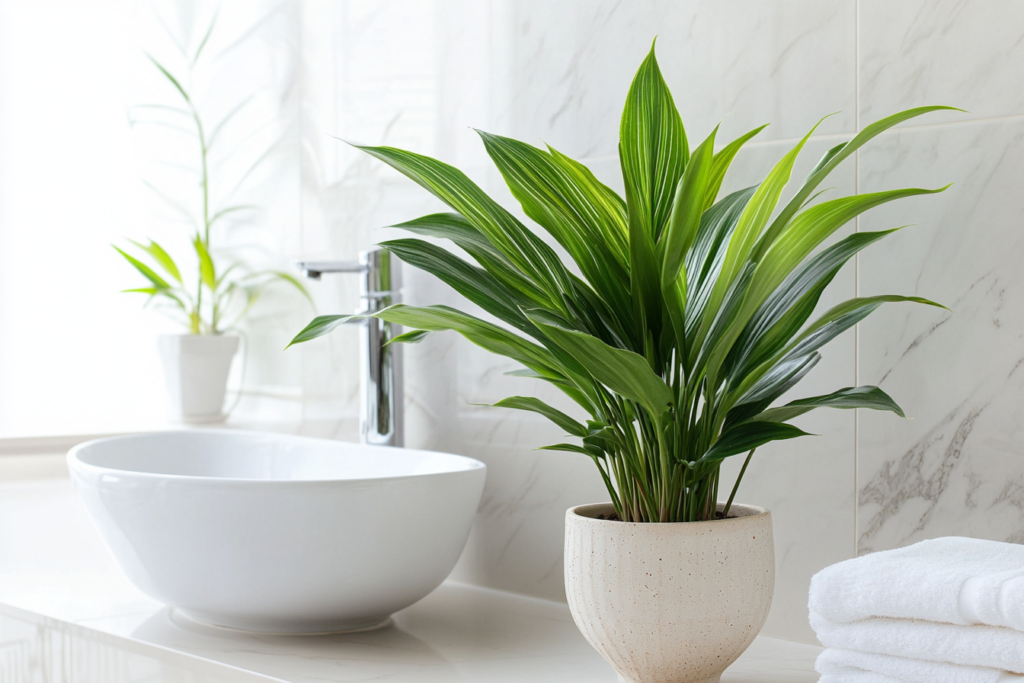 Topfpflanze neben Waschbecken im Badezimmer